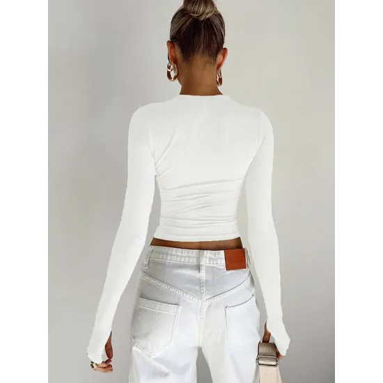 Hollow Solid Color Long Sleeves Skinny Round-Neck T-Shirts Tops Hollow Solid Color Long Sleeves Skinny Round-Neck T-Shirts Tops