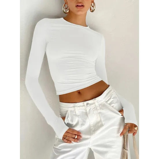 Hollow Solid Color Long Sleeves Skinny Round-Neck T-Shirts Tops Hollow Solid Color Long Sleeves Skinny Round-Neck T-Shirts Tops