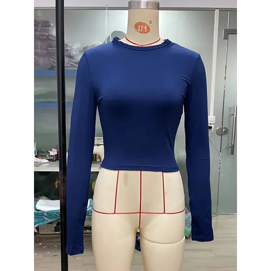 Hollow Solid Color Long Sleeves Skinny Round-Neck T-Shirts Tops Hollow Solid Color Long Sleeves Skinny Round-Neck T-Shirts Tops