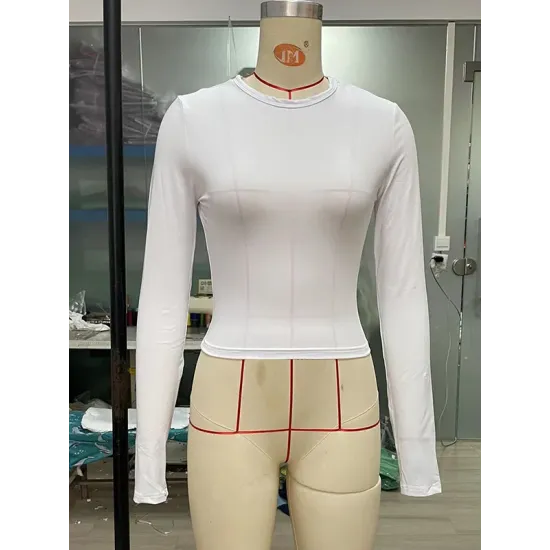 Hollow Solid Color Long Sleeves Skinny Round-Neck T-Shirts Tops Hollow Solid Color Long Sleeves Skinny Round-Neck T-Shirts Tops