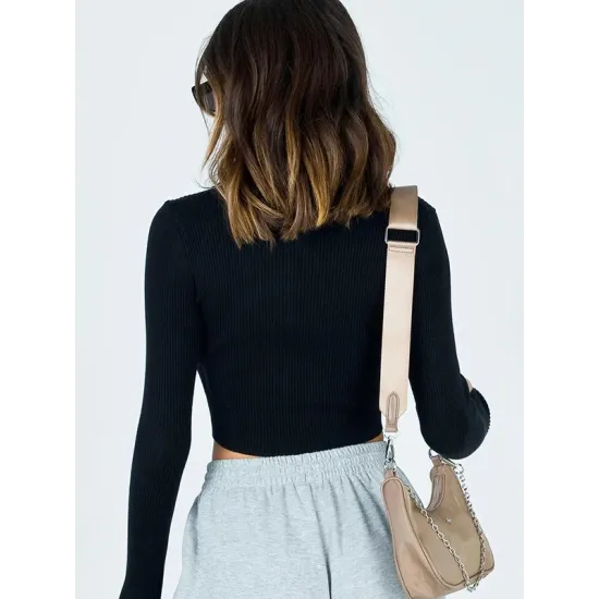 Hollow Solid Color Zipper Long Sleeves Skinny Deep V-Neck T-Shirts Tops Hollow Solid Color Zipper Long Sleeves Skinny Deep V-Neck T-Shirts Tops