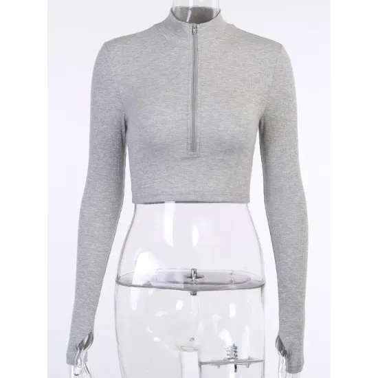 Hollow Solid Color Zipper Long Sleeves Skinny Deep V-Neck T-Shirts Tops Hollow Solid Color Zipper Long Sleeves Skinny Deep V-Neck T-Shirts Tops