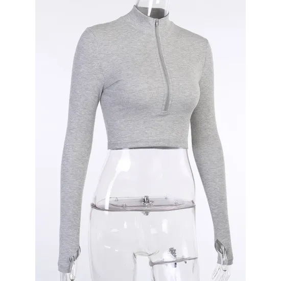 Hollow Solid Color Zipper Long Sleeves Skinny Deep V-Neck T-Shirts Tops Hollow Solid Color Zipper Long Sleeves Skinny Deep V-Neck T-Shirts Tops