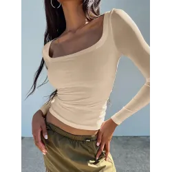 Solid Color Long Sleeves Skinny U-Neck T-Shirts Tops