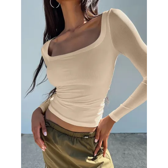 Solid Color Long Sleeves Skinny U-Neck T-Shirts Tops Solid Color Long Sleeves Skinny U-Neck T-Shirts Tops