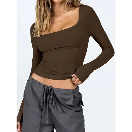 Solid Color Long Sleeves Skinny U-Neck T-Shirts Tops Solid Color Long Sleeves Skinny U-Neck T-Shirts Tops