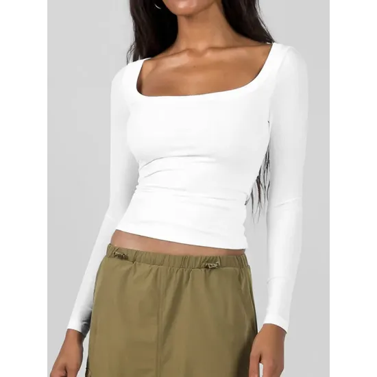 Solid Color Long Sleeves Skinny U-Neck T-Shirts Tops Solid Color Long Sleeves Skinny U-Neck T-Shirts Tops