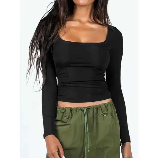 Solid Color Long Sleeves Skinny U-Neck T-Shirts Tops Solid Color Long Sleeves Skinny U-Neck T-Shirts Tops