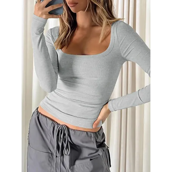 Solid Color Long Sleeves Skinny U-Neck T-Shirts Tops Solid Color Long Sleeves Skinny U-Neck T-Shirts Tops
