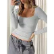 Solid Color Long Sleeves Skinny U-Neck T-Shirts Tops Solid Color Long Sleeves Skinny U-Neck T-Shirts Tops