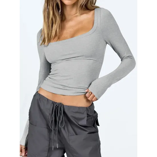 Solid Color Long Sleeves Skinny U-Neck T-Shirts Tops Solid Color Long Sleeves Skinny U-Neck T-Shirts Tops