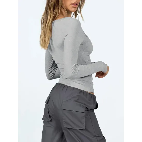 Solid Color Long Sleeves Skinny U-Neck T-Shirts Tops Solid Color Long Sleeves Skinny U-Neck T-Shirts Tops