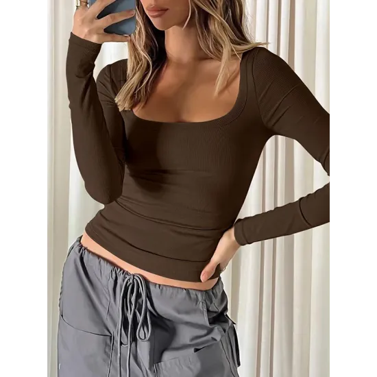 Solid Color Long Sleeves Skinny U-Neck T-Shirts Tops Solid Color Long Sleeves Skinny U-Neck T-Shirts Tops