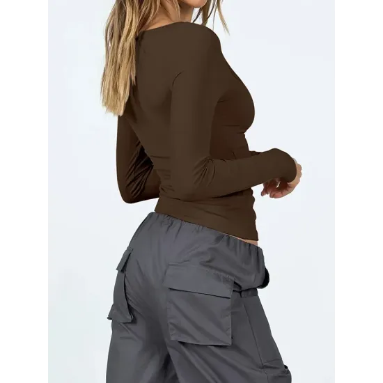 Solid Color Long Sleeves Skinny U-Neck T-Shirts Tops Solid Color Long Sleeves Skinny U-Neck T-Shirts Tops