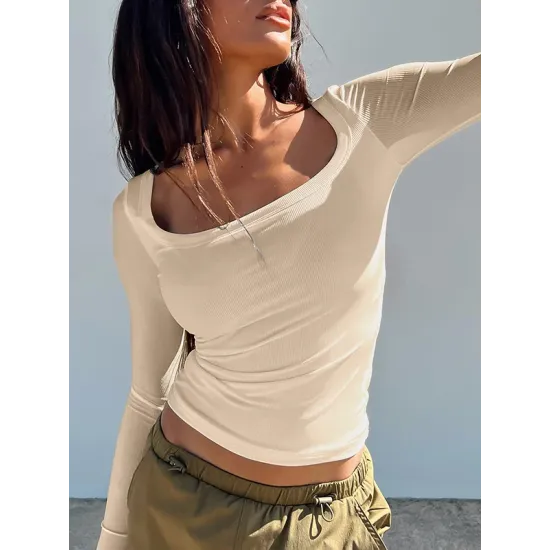 Solid Color Long Sleeves Skinny U-Neck T-Shirts Tops Solid Color Long Sleeves Skinny U-Neck T-Shirts Tops