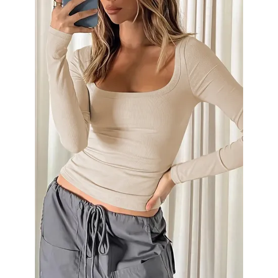 Solid Color Long Sleeves Skinny U-Neck T-Shirts Tops Solid Color Long Sleeves Skinny U-Neck T-Shirts Tops