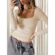 Solid Color Long Sleeves Skinny U-Neck T-Shirts Tops Solid Color Long Sleeves Skinny U-Neck T-Shirts Tops