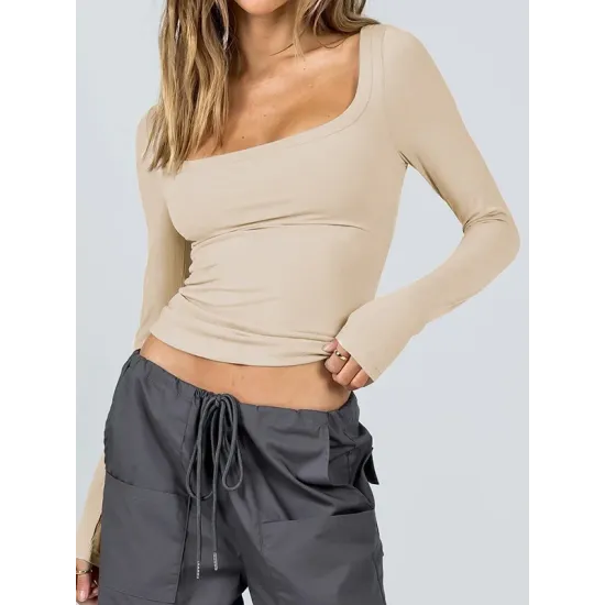 Solid Color Long Sleeves Skinny U-Neck T-Shirts Tops Solid Color Long Sleeves Skinny U-Neck T-Shirts Tops