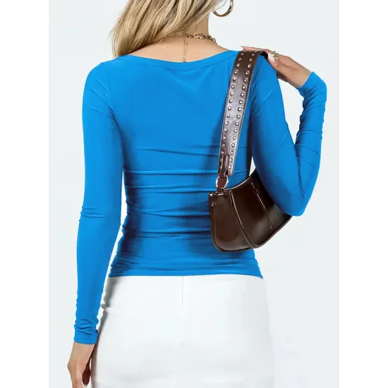 Solid Color Long Sleeves Skinny U-Neck T-Shirts Tops Solid Color Long Sleeves Skinny U-Neck T-Shirts Tops