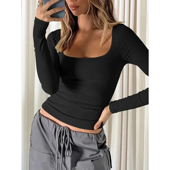Solid Color Long Sleeves Skinny U-Neck T-Shirts Tops Solid Color Long Sleeves Skinny U-Neck T-Shirts Tops