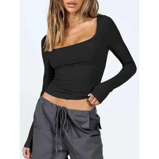 Solid Color Long Sleeves Skinny U-Neck T-Shirts Tops Solid Color Long Sleeves Skinny U-Neck T-Shirts Tops