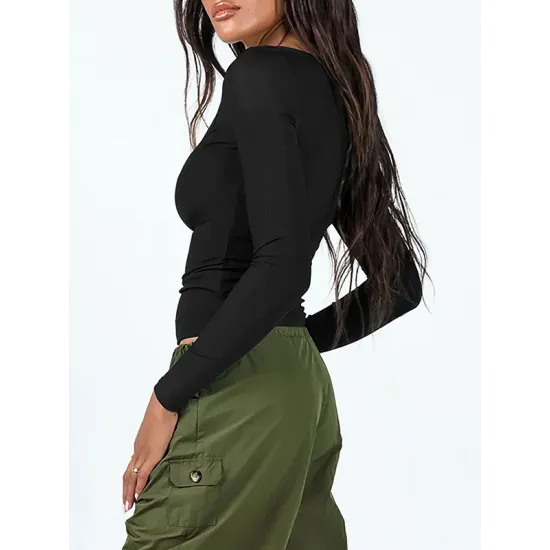 Solid Color Long Sleeves Skinny U-Neck T-Shirts Tops Solid Color Long Sleeves Skinny U-Neck T-Shirts Tops