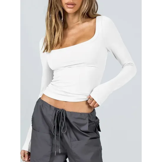 Solid Color Long Sleeves Skinny U-Neck T-Shirts Tops Solid Color Long Sleeves Skinny U-Neck T-Shirts Tops