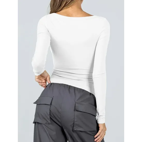 Solid Color Long Sleeves Skinny U-Neck T-Shirts Tops Solid Color Long Sleeves Skinny U-Neck T-Shirts Tops