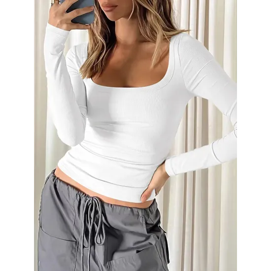 Solid Color Long Sleeves Skinny U-Neck T-Shirts Tops Solid Color Long Sleeves Skinny U-Neck T-Shirts Tops