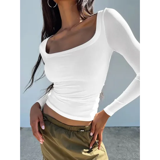 Solid Color Long Sleeves Skinny U-Neck T-Shirts Tops Solid Color Long Sleeves Skinny U-Neck T-Shirts Tops