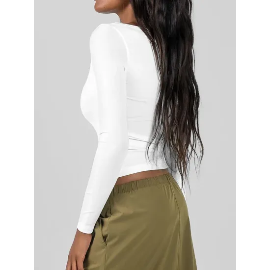 Solid Color Long Sleeves Skinny U-Neck T-Shirts Tops Solid Color Long Sleeves Skinny U-Neck T-Shirts Tops