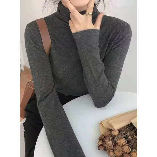 Solid Color Long Sleeves Skinny High-Neck T-Shirts Tops Solid Color Long Sleeves Skinny High-Neck T-Shirts Tops