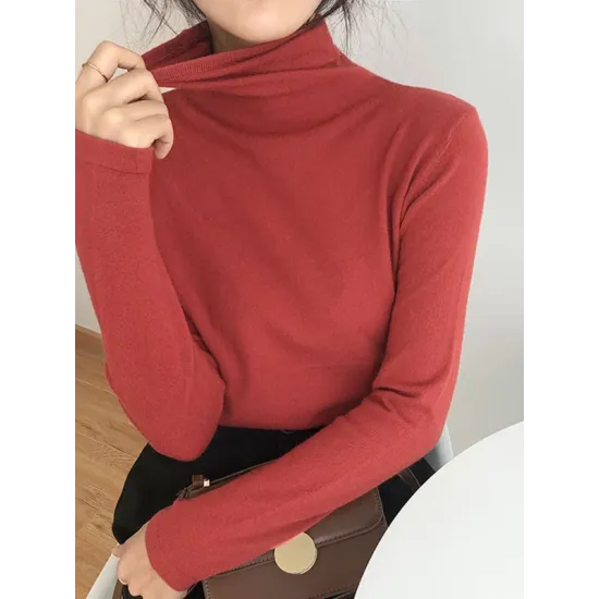 Solid Color Long Sleeves Skinny High-Neck T-Shirts Tops Solid Color Long Sleeves Skinny High-Neck T-Shirts Tops
