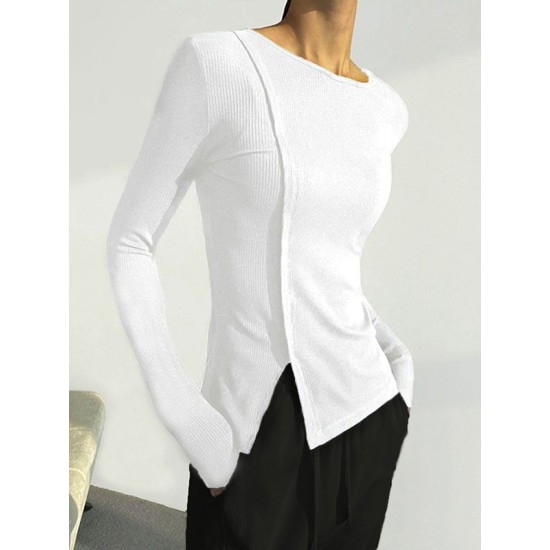 Skinny Solid Color Split-Joint Split-side Round-neck T-shirts Skinny Solid Color Split-Joint Split-side Round-neck T-shirts