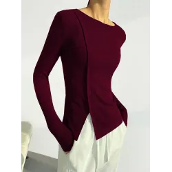 Skinny Solid Color Split-Joint Split-side Round-neck T-shirts
