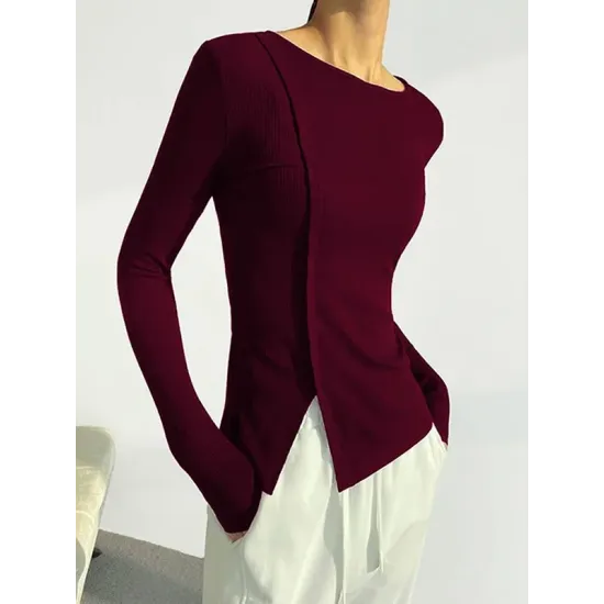 Skinny Solid Color Split-Joint Split-side Round-neck T-shirts Skinny Solid Color Split-Joint Split-side Round-neck T-shirts