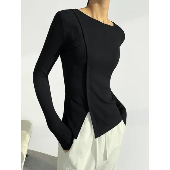 Skinny Solid Color Split-Joint Split-side Round-neck T-shirts Skinny Solid Color Split-Joint Split-side Round-neck T-shirts