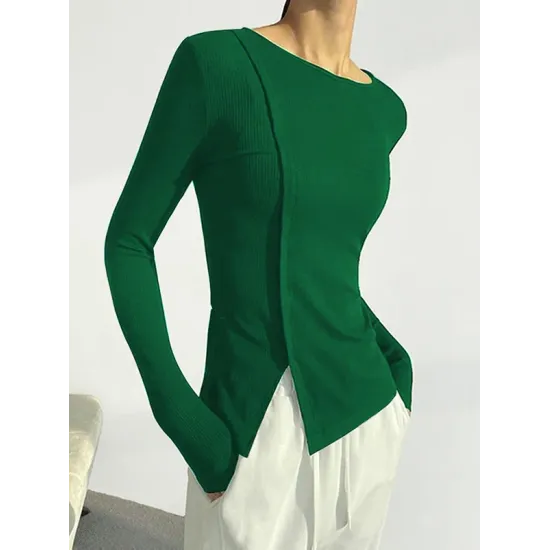 Skinny Solid Color Split-Joint Split-side Round-neck T-shirts Skinny Solid Color Split-Joint Split-side Round-neck T-shirts