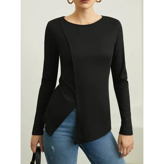 Skinny Solid Color Split-Joint Split-side Round-neck T-shirts Skinny Solid Color Split-Joint Split-side Round-neck T-shirts