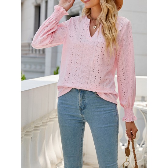 Elasticity Hollow Solid Color Long Sleeves Loose V-neck T-Shirts Tops Elasticity Hollow Solid Color Long Sleeves Loose V-neck T-Shirts Tops
