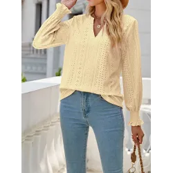 Elasticity Hollow Solid Color Long Sleeves Loose V-neck T-Shirts Tops