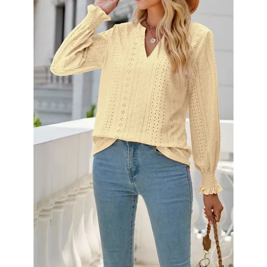Elasticity Hollow Solid Color Long Sleeves Loose V-neck T-Shirts Tops Elasticity Hollow Solid Color Long Sleeves Loose V-neck T-Shirts Tops