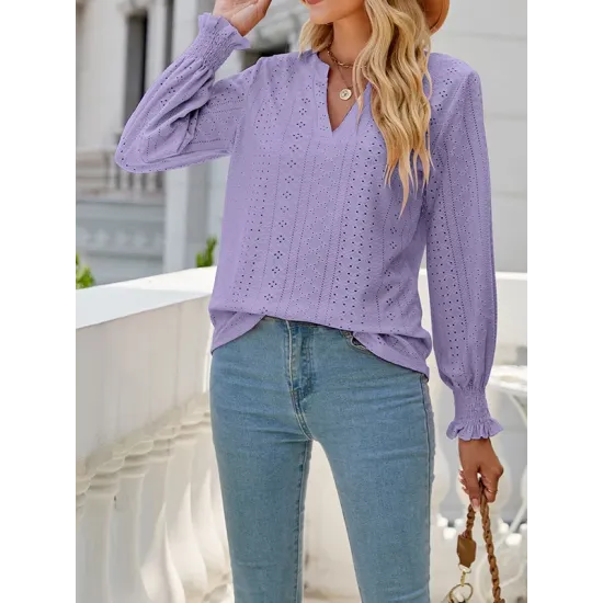 Elasticity Hollow Solid Color Long Sleeves Loose V-neck T-Shirts Tops Elasticity Hollow Solid Color Long Sleeves Loose V-neck T-Shirts Tops