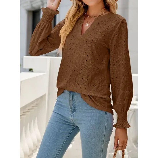 Elasticity Hollow Solid Color Long Sleeves Loose V-neck T-Shirts Tops Elasticity Hollow Solid Color Long Sleeves Loose V-neck T-Shirts Tops