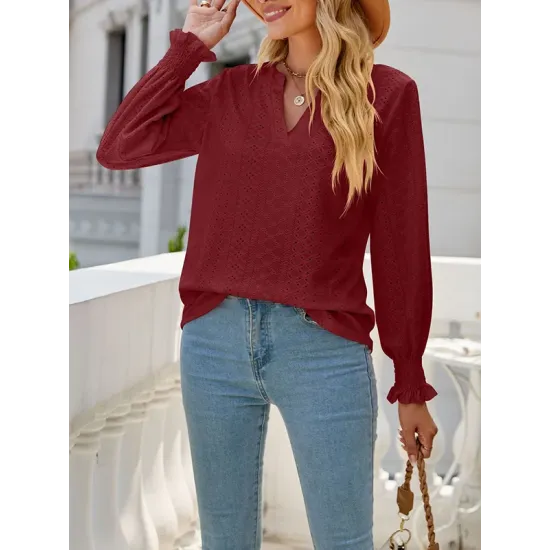Elasticity Hollow Solid Color Long Sleeves Loose V-neck T-Shirts Tops Elasticity Hollow Solid Color Long Sleeves Loose V-neck T-Shirts Tops