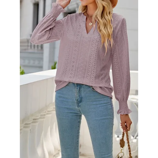 Elasticity Hollow Solid Color Long Sleeves Loose V-neck T-Shirts Tops Elasticity Hollow Solid Color Long Sleeves Loose V-neck T-Shirts Tops