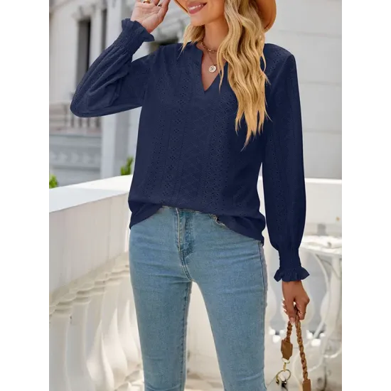 Elasticity Hollow Solid Color Long Sleeves Loose V-neck T-Shirts Tops Elasticity Hollow Solid Color Long Sleeves Loose V-neck T-Shirts Tops