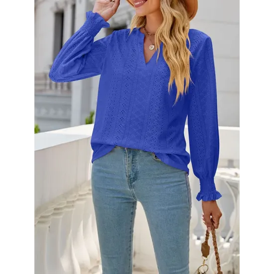 Elasticity Hollow Solid Color Long Sleeves Loose V-neck T-Shirts Tops Elasticity Hollow Solid Color Long Sleeves Loose V-neck T-Shirts Tops