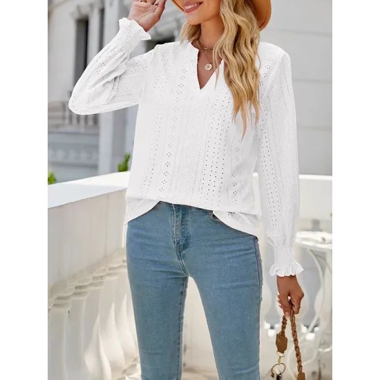Elasticity Hollow Solid Color Long Sleeves Loose V-neck T-Shirts Tops Elasticity Hollow Solid Color Long Sleeves Loose V-neck T-Shirts Tops