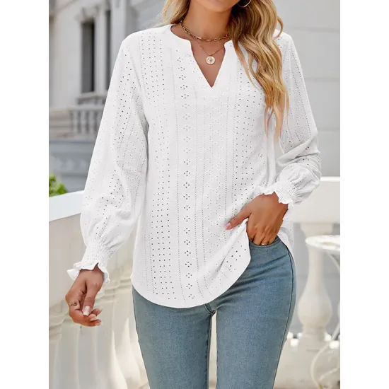 Elasticity Hollow Solid Color Long Sleeves Loose V-neck T-Shirts Tops Elasticity Hollow Solid Color Long Sleeves Loose V-neck T-Shirts Tops